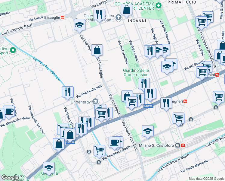map of restaurants, bars, coffee shops, grocery stores, and more near 95 Via Bisceglie in Milano