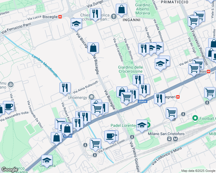 map of restaurants, bars, coffee shops, grocery stores, and more near 95 Via Bisceglie in Milano