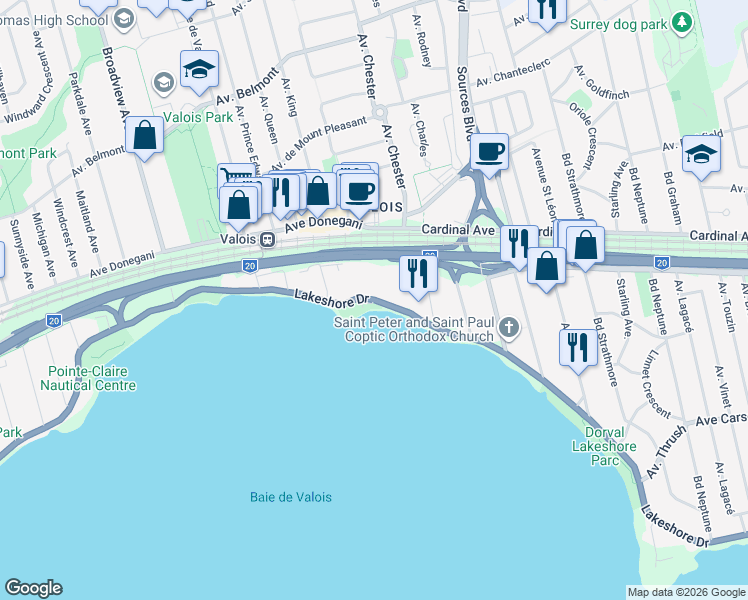 map of restaurants, bars, coffee shops, grocery stores, and more near 23 Lakeshore Drive in Pointe-Claire