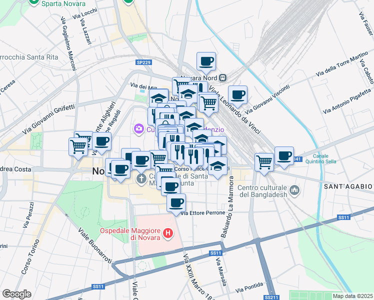 map of restaurants, bars, coffee shops, grocery stores, and more near 2A Via Ugo Ferrandi in Novara