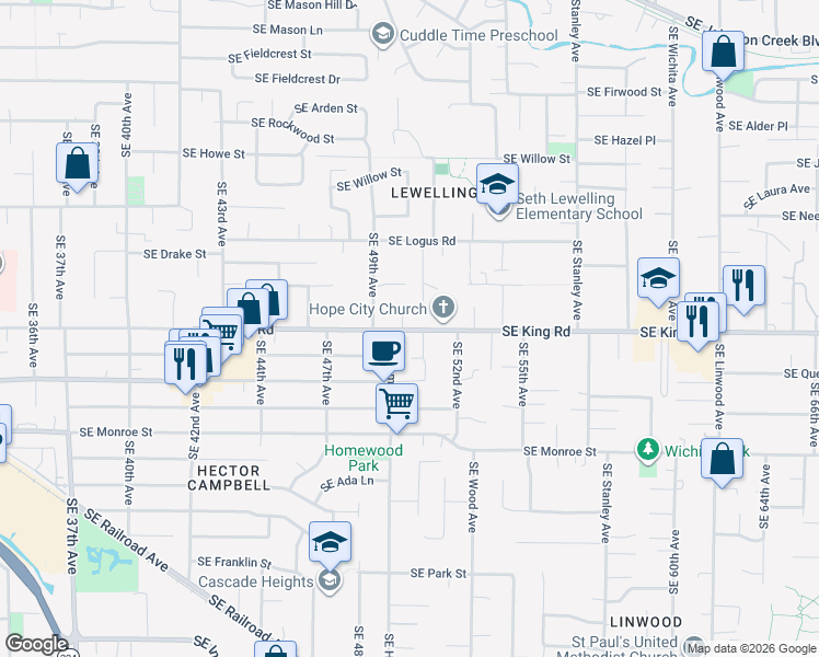 map of restaurants, bars, coffee shops, grocery stores, and more near 5027 Southeast King Road in Milwaukie