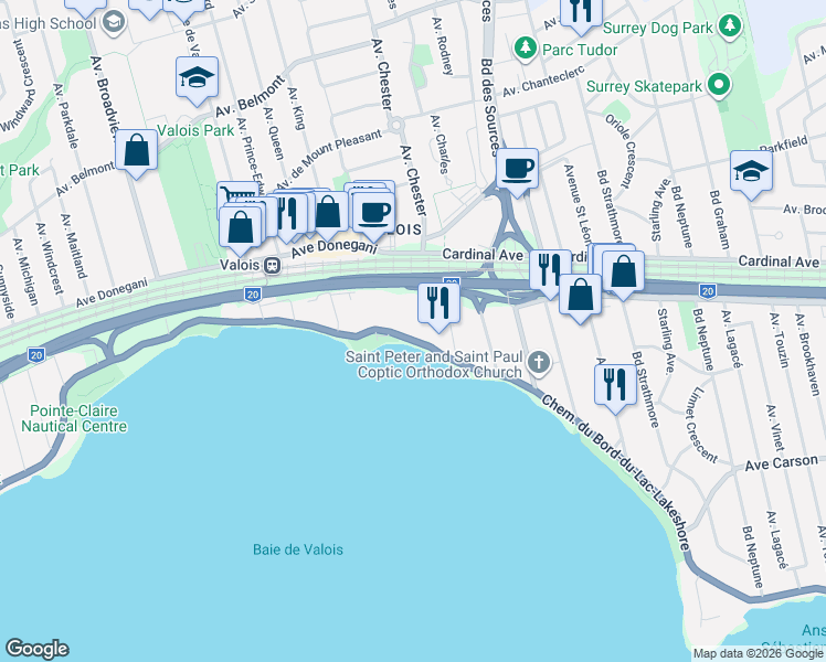 map of restaurants, bars, coffee shops, grocery stores, and more near 21 Chemin du Bord-du-Lac-Lakeshore in Pointe-Claire