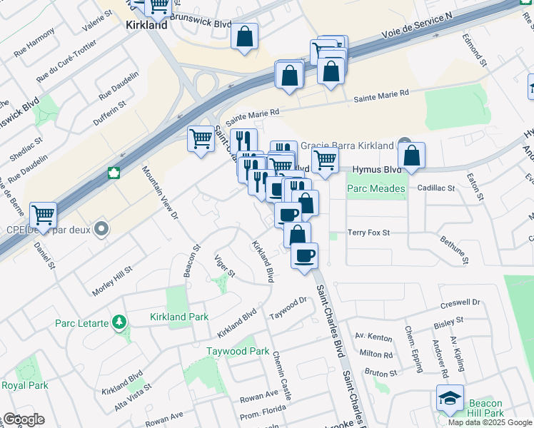 map of restaurants, bars, coffee shops, grocery stores, and more near 2966 Boulevard Saint-Charles in Kirkland
