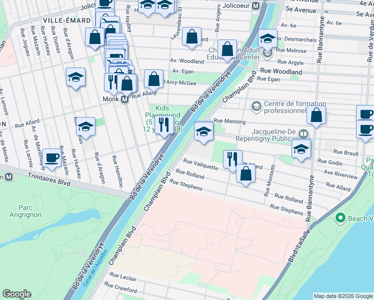 map of restaurants, bars, coffee shops, grocery stores, and more near 6150 Boulevard Champlain in Montréal