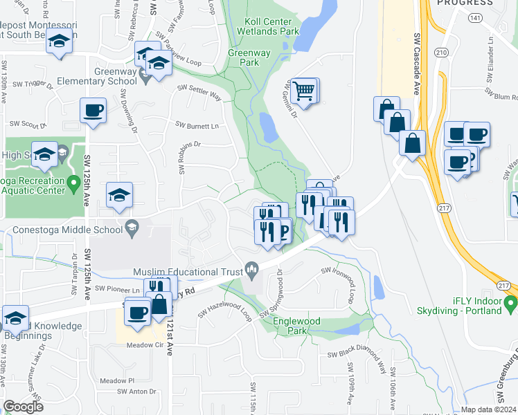 map of restaurants, bars, coffee shops, grocery stores, and more near 9906 Southwest Conestoga Drive in Beaverton