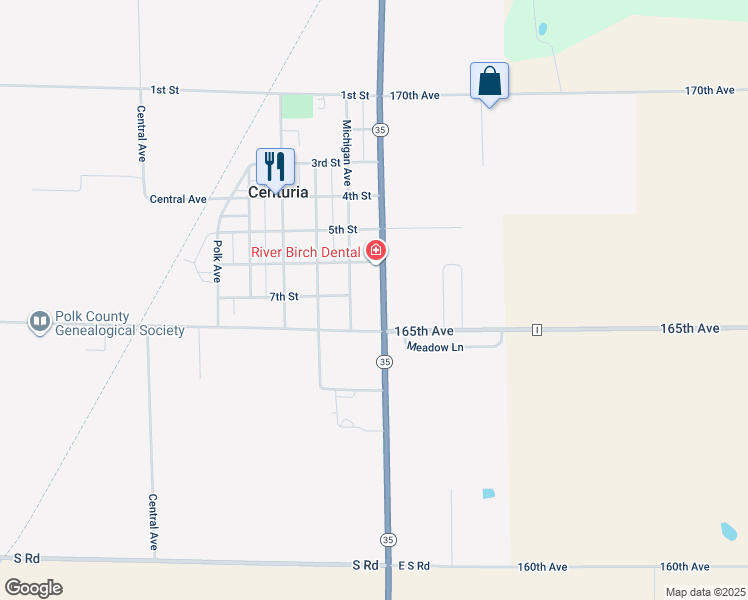 map of restaurants, bars, coffee shops, grocery stores, and more near 609 Wisconsin 35 in Centuria
