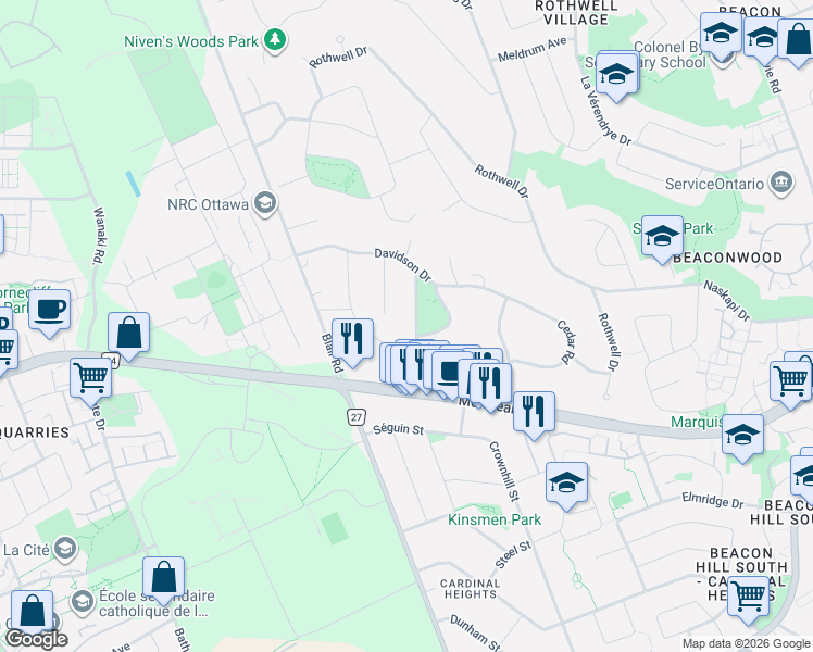 map of restaurants, bars, coffee shops, grocery stores, and more near 26 Clovelly Road in Ottawa