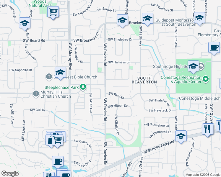 map of restaurants, bars, coffee shops, grocery stores, and more near 13910 Southwest Rawhide Court in Beaverton