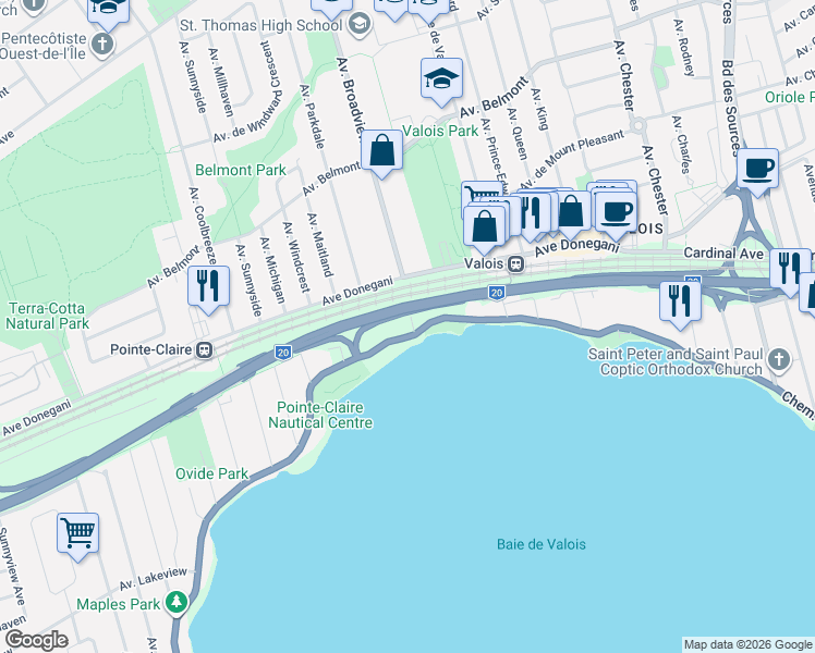 map of restaurants, bars, coffee shops, grocery stores, and more near 65 Chemin du Bord-du-Lac-Lakeshore in Pointe-Claire