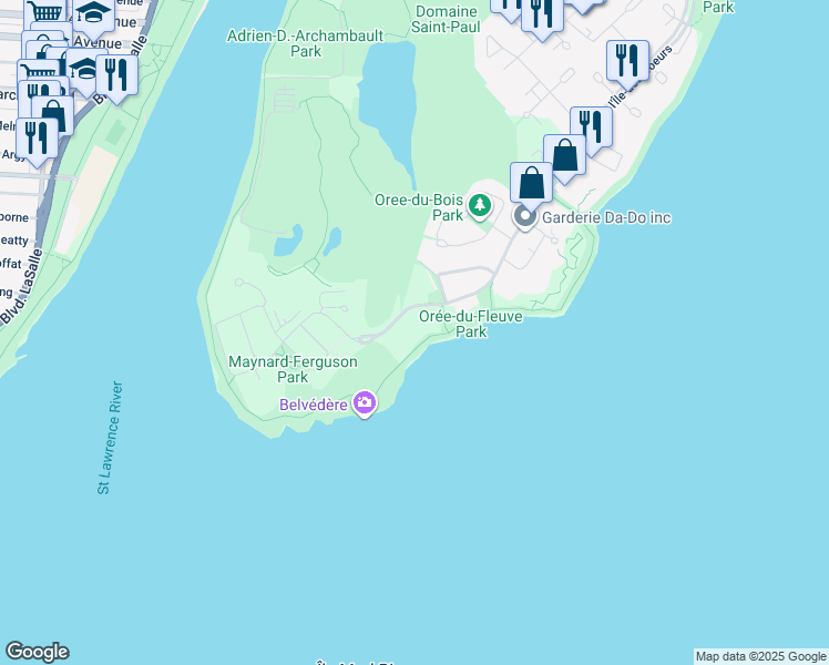 map of restaurants, bars, coffee shops, grocery stores, and more near 150 Chemin de la Pointe Sud in Montréal