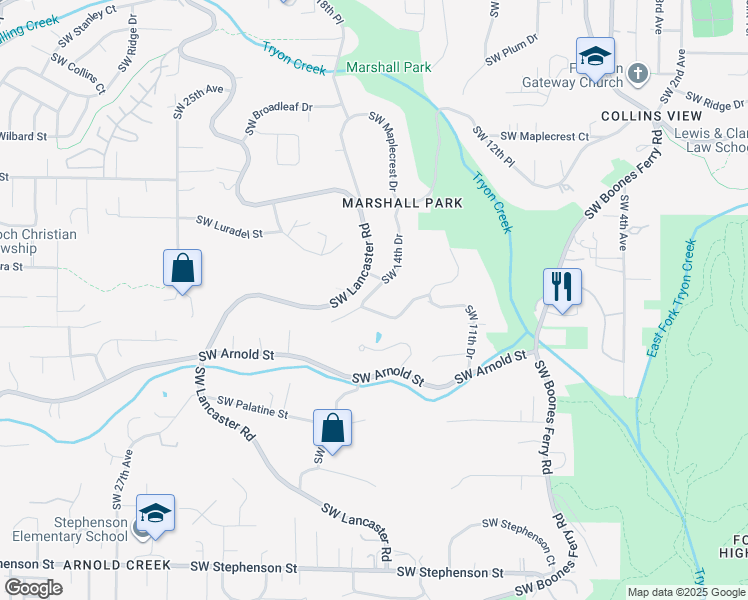 map of restaurants, bars, coffee shops, grocery stores, and more near 10632 Southwest 14th Drive in Portland