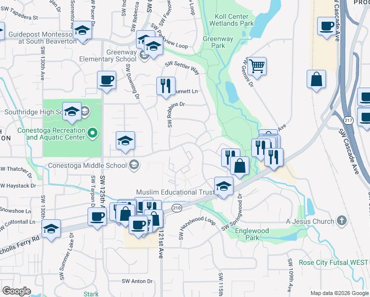map of restaurants, bars, coffee shops, grocery stores, and more near 9906 Southwest Trapper Terrace in Beaverton