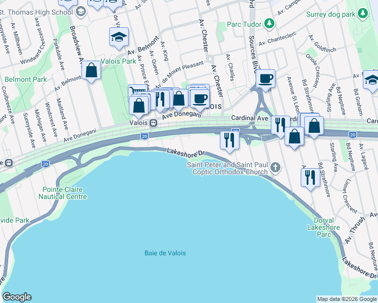 map of restaurants, bars, coffee shops, grocery stores, and more near 32 Chemin du Bord-du-Lac-Lakeshore in Pointe-Claire