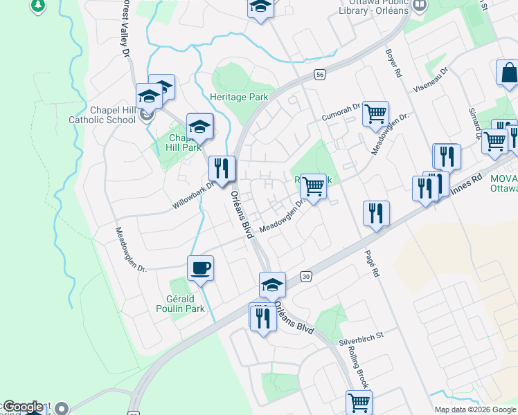 map of restaurants, bars, coffee shops, grocery stores, and more near in Ottawa