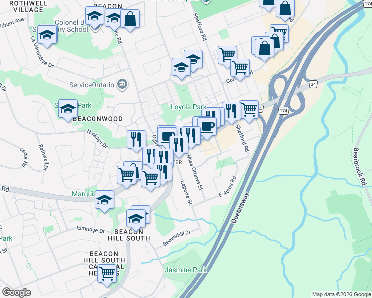 map of restaurants, bars, coffee shops, grocery stores, and more near Montréal Road in Ottawa