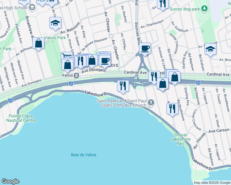 map of restaurants, bars, coffee shops, grocery stores, and more near 21 Chemin du Bord-du-Lac-Lakeshore in Pointe-Claire