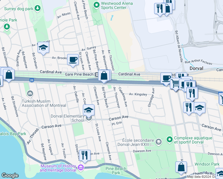 map of restaurants, bars, coffee shops, grocery stores, and more near 1525 Place Kirkland in Dorval