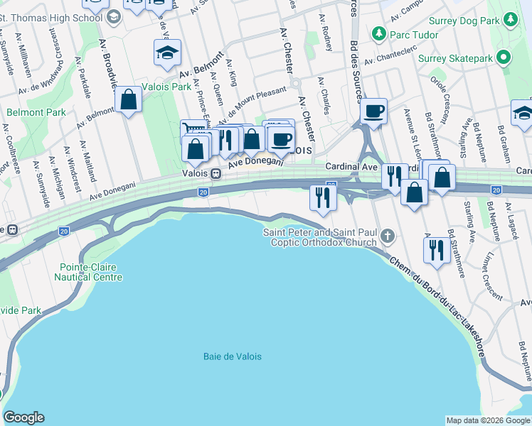 map of restaurants, bars, coffee shops, grocery stores, and more near 32 Chemin du Bord-du-Lac-Lakeshore in Montréal