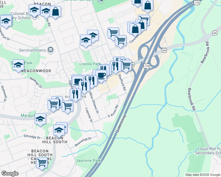 map of restaurants, bars, coffee shops, grocery stores, and more near 5135 Lerner Way in Ottawa