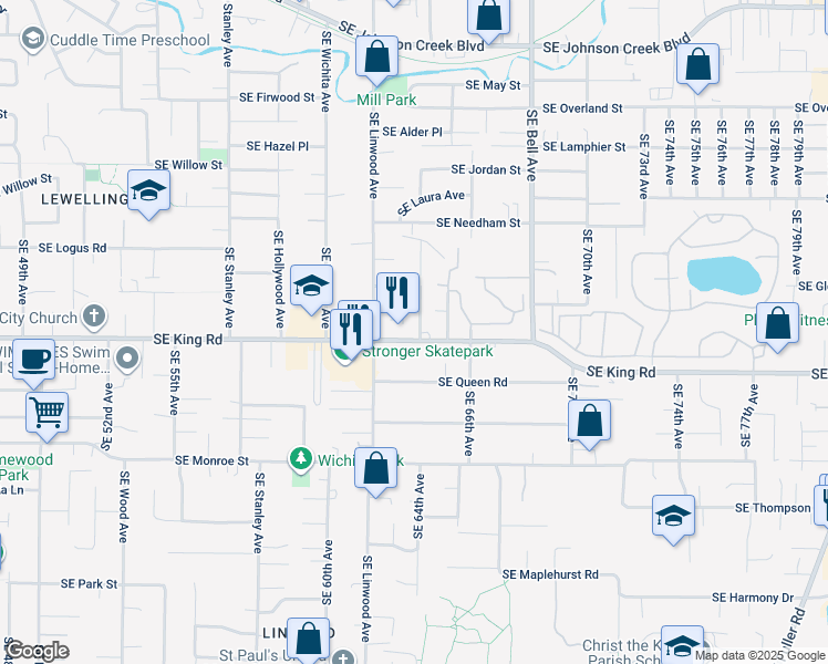 map of restaurants, bars, coffee shops, grocery stores, and more near 6360 Southeast La Jolla Street in Milwaukie