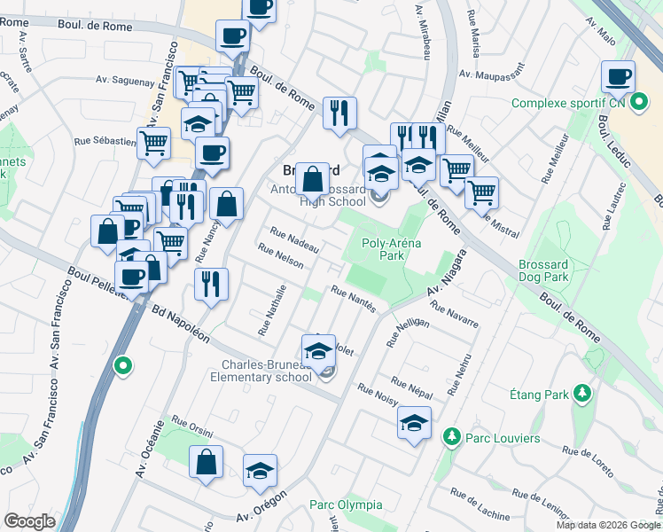 map of restaurants, bars, coffee shops, grocery stores, and more near 7945 Rue Nadeau in Brossard