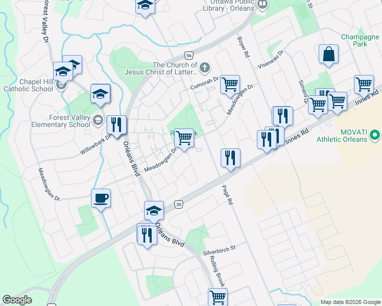 map of restaurants, bars, coffee shops, grocery stores, and more near 6354 Sablewood Place in Ottawa