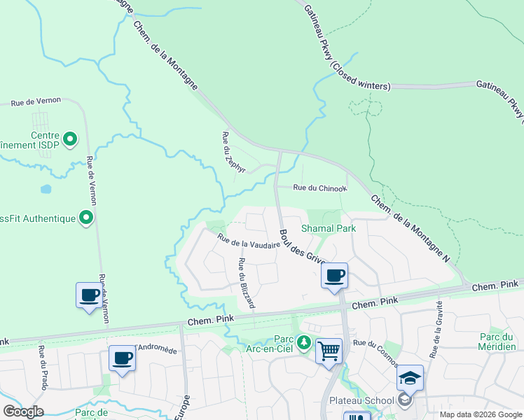 map of restaurants, bars, coffee shops, grocery stores, and more near 30 Rue du Sirocco in Gatineau