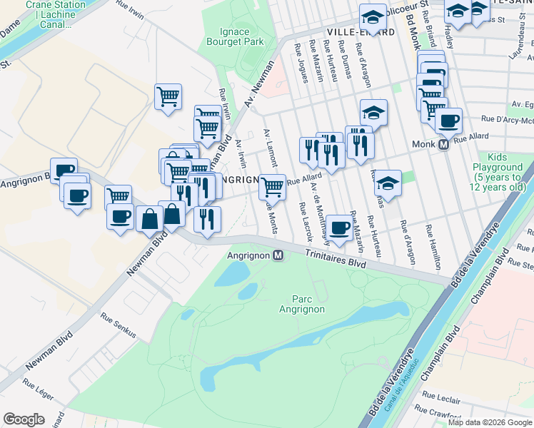 map of restaurants, bars, coffee shops, grocery stores, and more near 6869 Avenue de Monts in Montréal