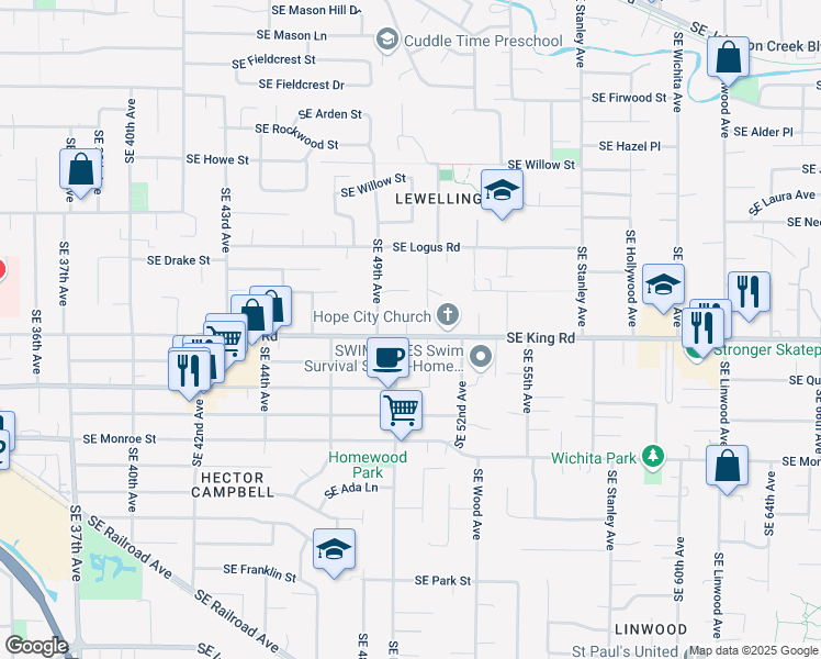 map of restaurants, bars, coffee shops, grocery stores, and more near 5027 Southeast King Road in Milwaukie