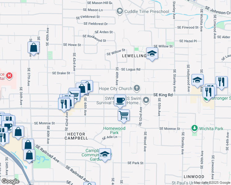 map of restaurants, bars, coffee shops, grocery stores, and more near 10311 Southeast 49th Avenue in Milwaukie