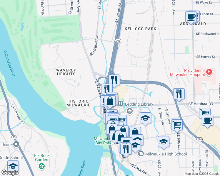 map of restaurants, bars, coffee shops, grocery stores, and more near 10282 Southeast Main Street in Milwaukie