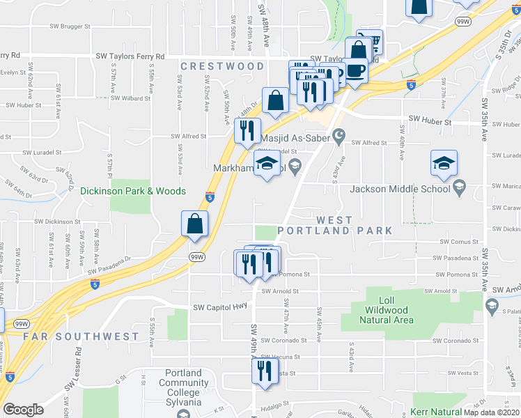 map of restaurants, bars, coffee shops, grocery stores, and more near 10626 Southwest 49th Avenue in Portland