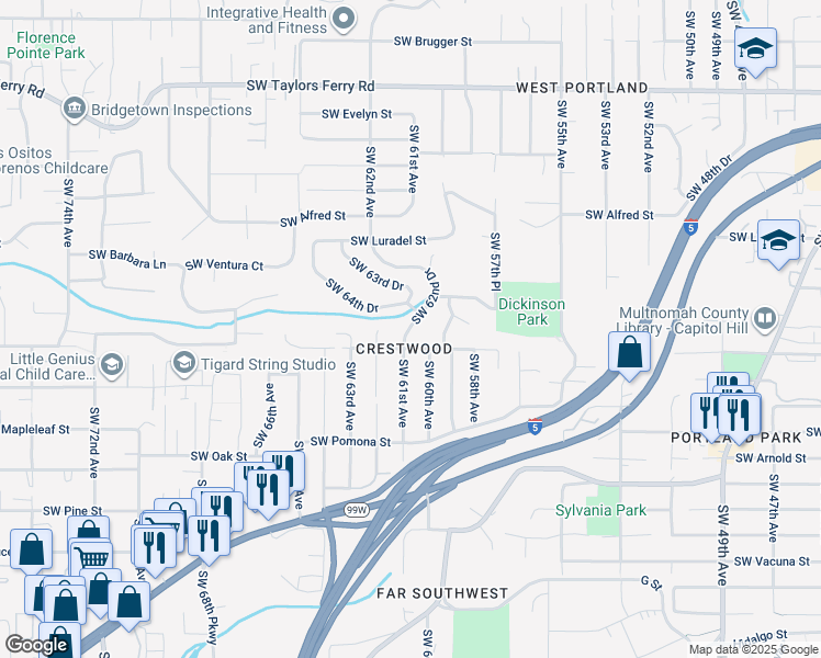map of restaurants, bars, coffee shops, grocery stores, and more near 10646 Southwest 62nd Drive in Portland