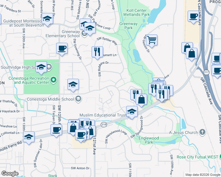 map of restaurants, bars, coffee shops, grocery stores, and more near 11755 Southwest Conestoga Drive in Beaverton