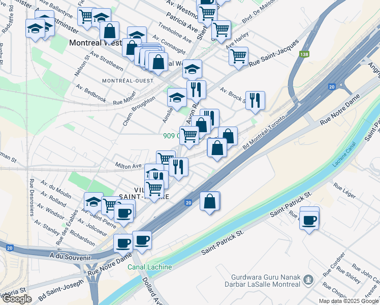 map of restaurants, bars, coffee shops, grocery stores, and more near 216 Promenade Ronald in Montréal-Ouest