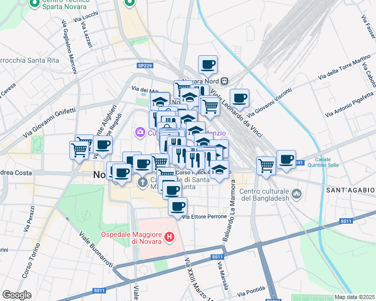 map of restaurants, bars, coffee shops, grocery stores, and more near 2A Via Ugo Ferrandi in Novara