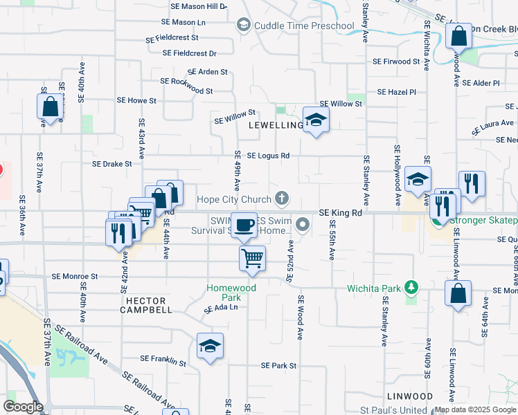 map of restaurants, bars, coffee shops, grocery stores, and more near 5027 Southeast King Road in Milwaukie