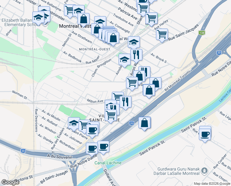 map of restaurants, bars, coffee shops, grocery stores, and more near in Montreal West