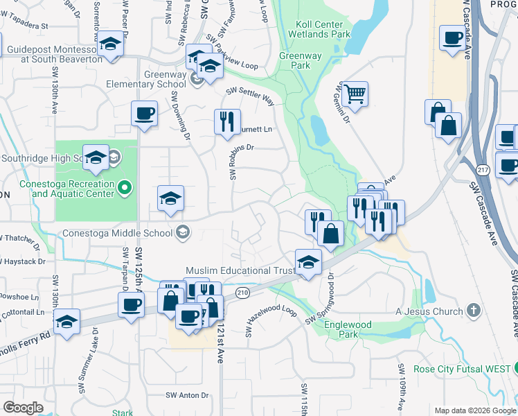 map of restaurants, bars, coffee shops, grocery stores, and more near 11755 Southwest Conestoga Drive in Beaverton
