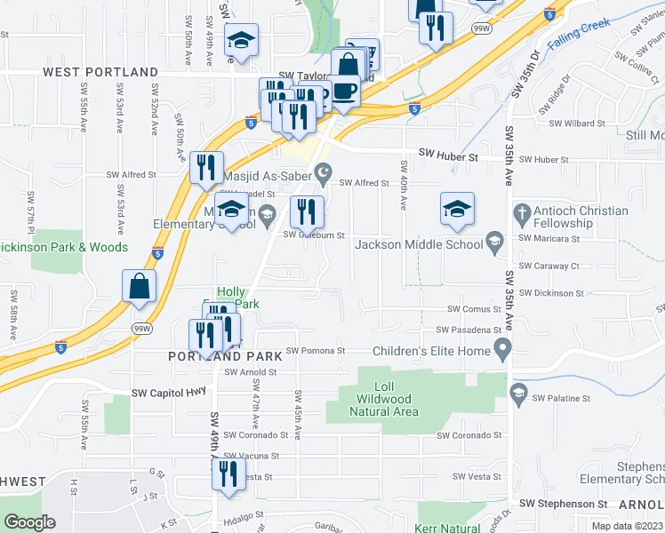map of restaurants, bars, coffee shops, grocery stores, and more near 10722 Southwest 43rd Avenue in Portland