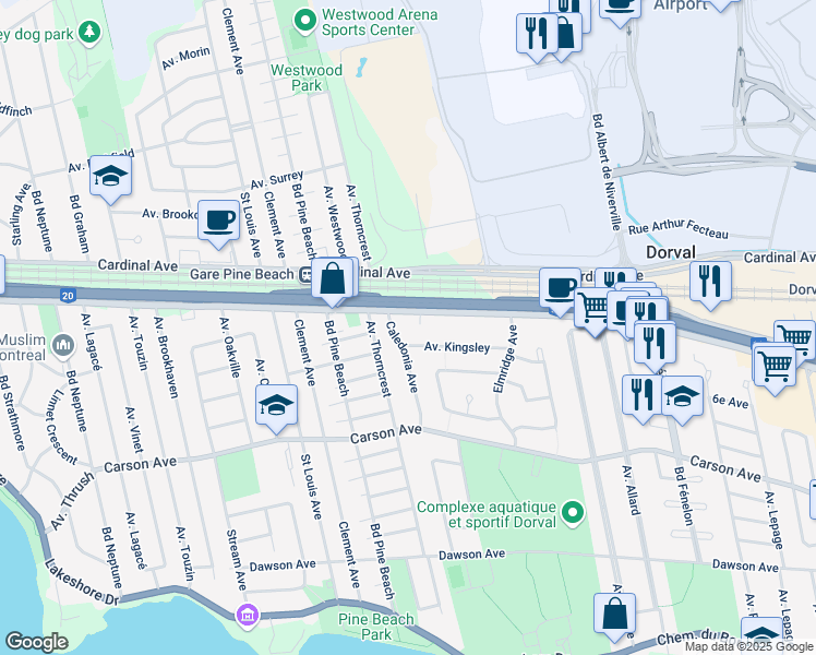 map of restaurants, bars, coffee shops, grocery stores, and more near 475 Caledonia Avenue in Dorval