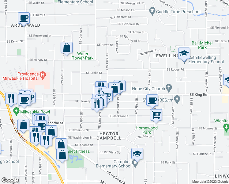 map of restaurants, bars, coffee shops, grocery stores, and more near 4335 Southeast King Road in Milwaukie