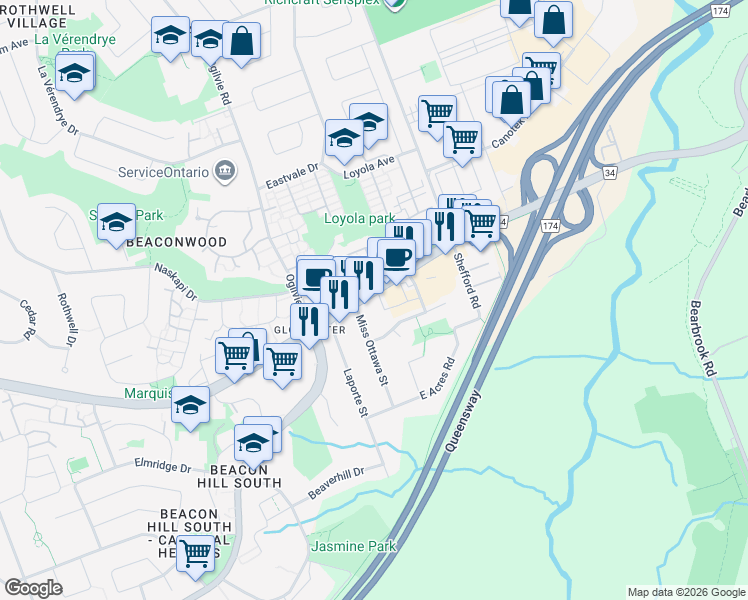 map of restaurants, bars, coffee shops, grocery stores, and more near 21 Gatestone Private in Ottawa