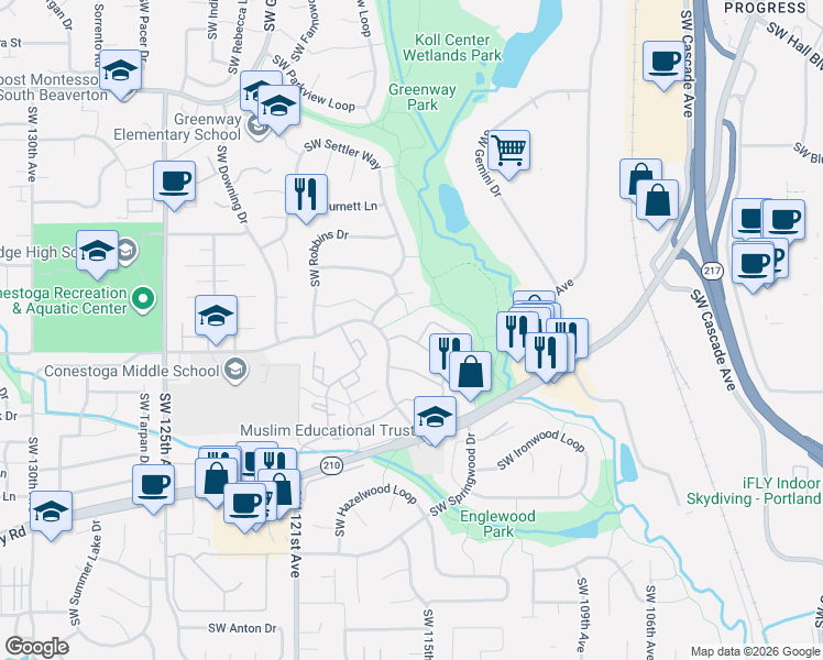 map of restaurants, bars, coffee shops, grocery stores, and more near 9900 Southwest Conestoga Drive in Beaverton