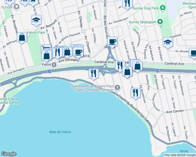 map of restaurants, bars, coffee shops, grocery stores, and more near 15 Avenue Raynor in Pointe-Claire