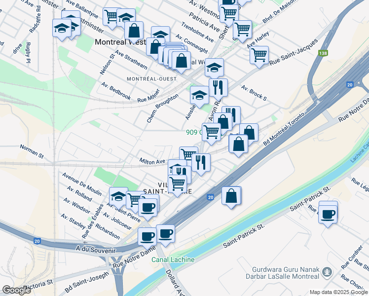 map of restaurants, bars, coffee shops, grocery stores, and more near in Montreal West