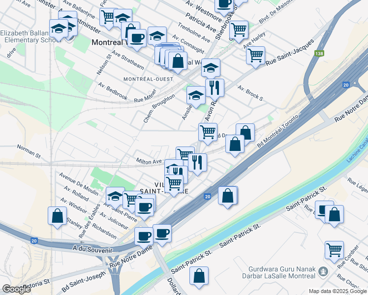 map of restaurants, bars, coffee shops, grocery stores, and more near 9015 Avon Road in Montreal West