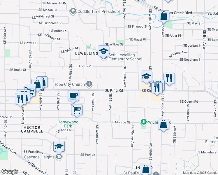 map of restaurants, bars, coffee shops, grocery stores, and more near 5445 Southeast King Road in Milwaukie
