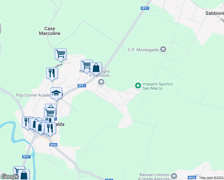 map of restaurants, bars, coffee shops, grocery stores, and more near 41 Via Gioacchino Rossini in Montegalda