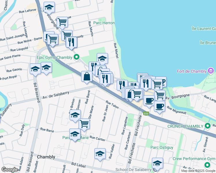 map of restaurants, bars, coffee shops, grocery stores, and more near 725 Avenue de Salaberry in Chambly